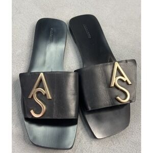 AllSaints Sandal Shoes Womens 38 Black Asara Leather Slide Logo‎ Summer Casual